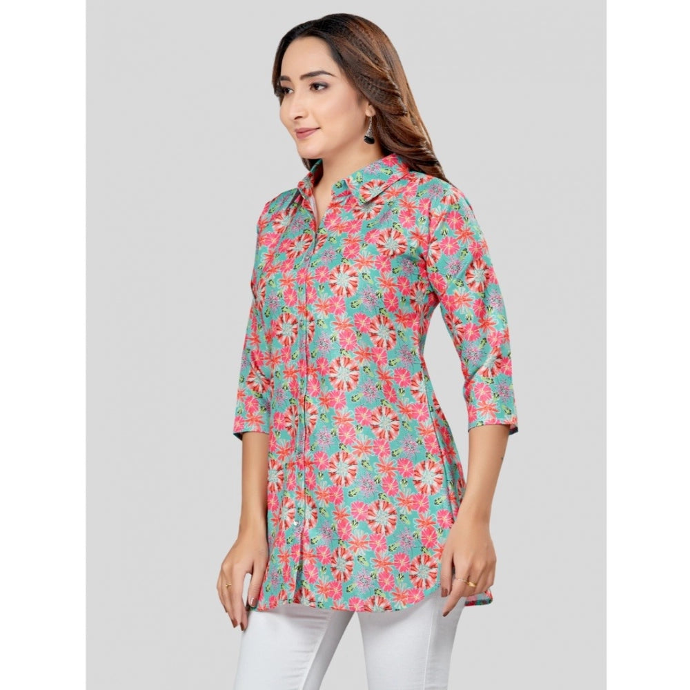 Generic Women's Cotton Blend Collared Neck 3/4 Sleeves Short Top (Teal Green)