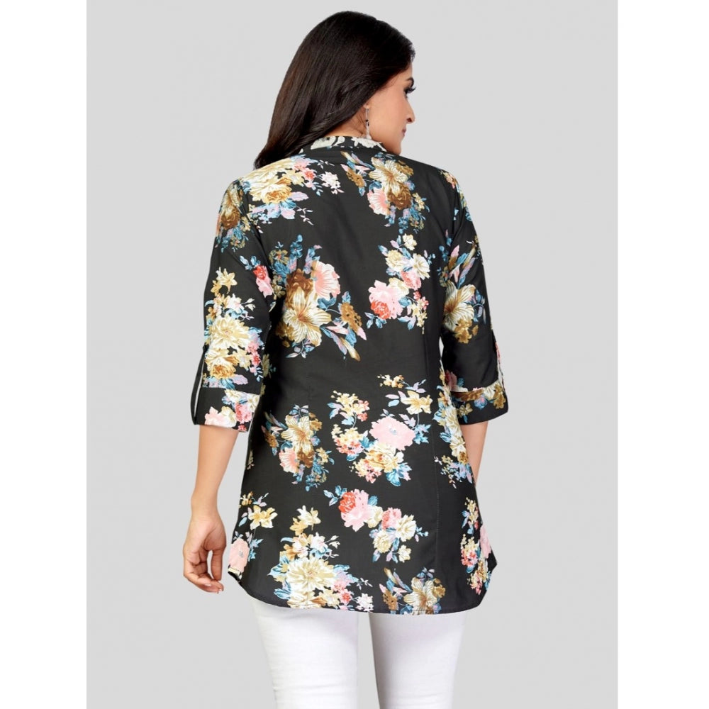 Generic Women's Poly Crepe Mandarin Collar 3/4 Sleeves Short Top (Black)