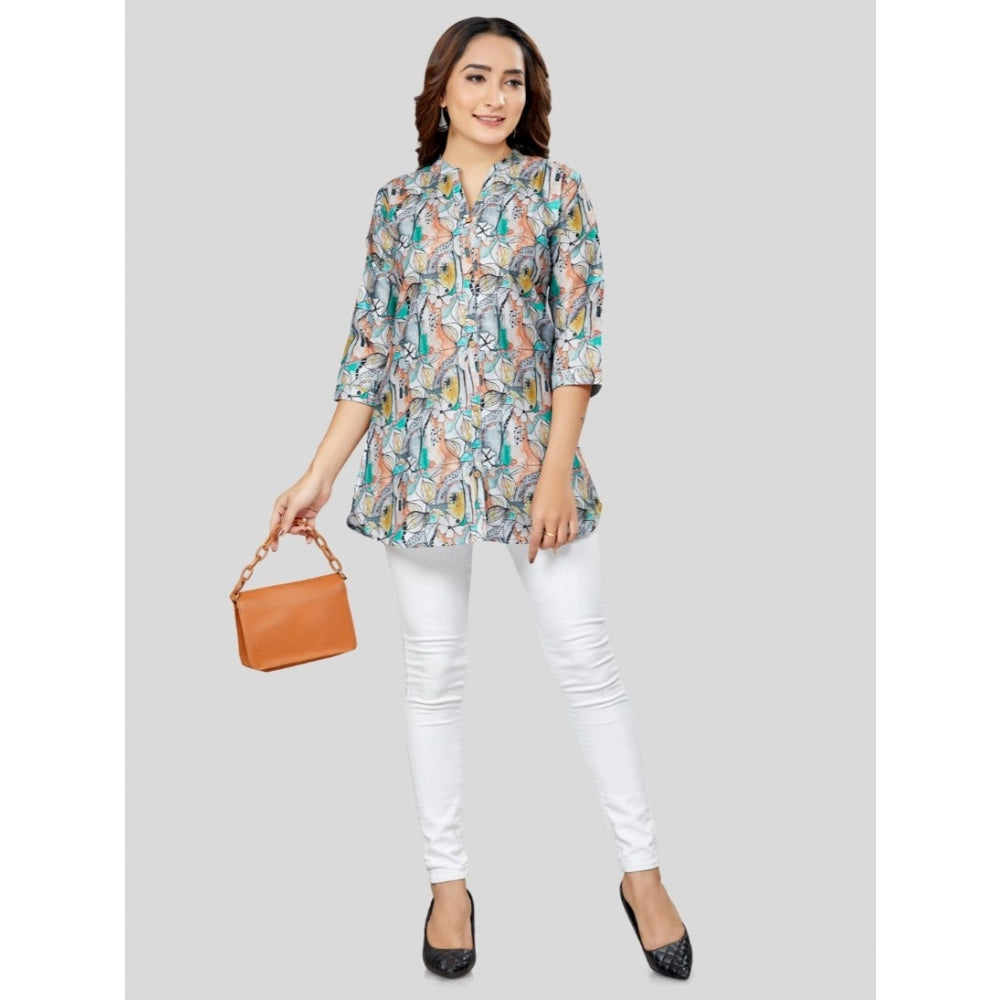 Generic Women's Cotton Blend Mandarin Collar 3/4 Sleeves Short Top (Grey)