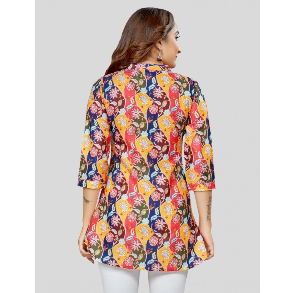 Generic Women's Cotton Blend Mandarin Collar 3/4 Sleeves Short Top (Multicolor)