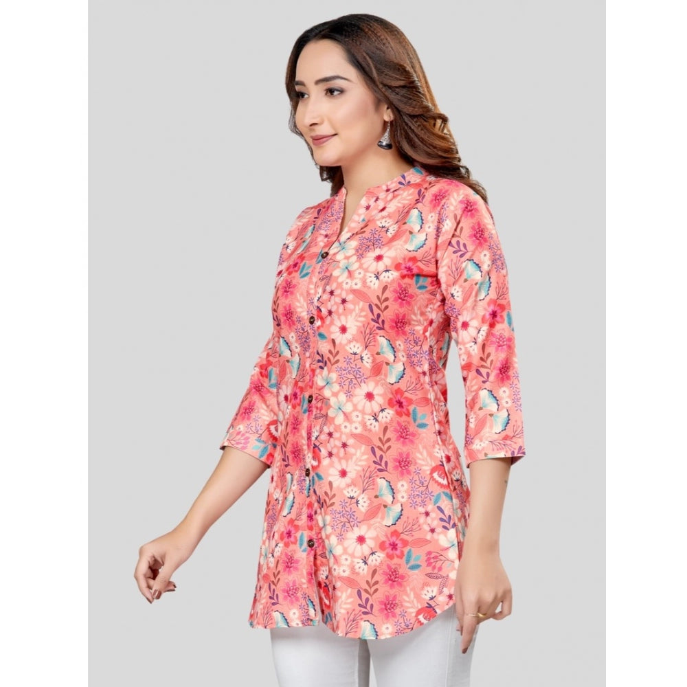 Generic Women's Cotton Blend Mandarin Collar 3/4 Sleeves Short Top (Pink)