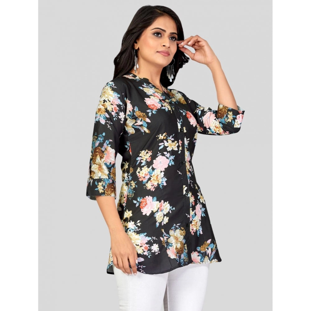 Generic Women's Poly Crepe Mandarin Collar 3/4 Sleeves Short Top (Black)