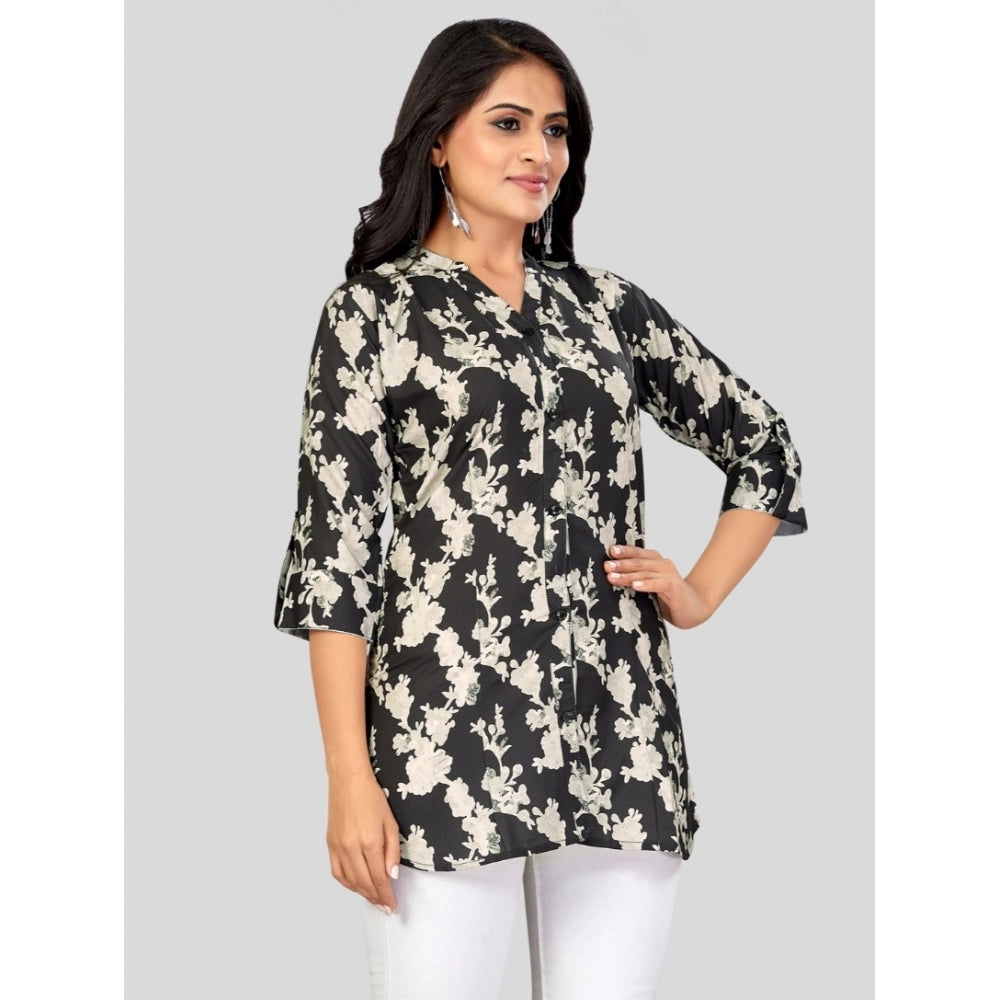 Generic Women's Poly Crepe Mandarin Collar 3/4 Sleeves Short Top (Black)