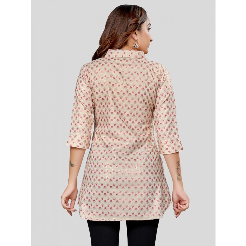 Generic Women's Cotton Blend Collared Neck 3/4 Sleeves Short Top (Cream-Red)