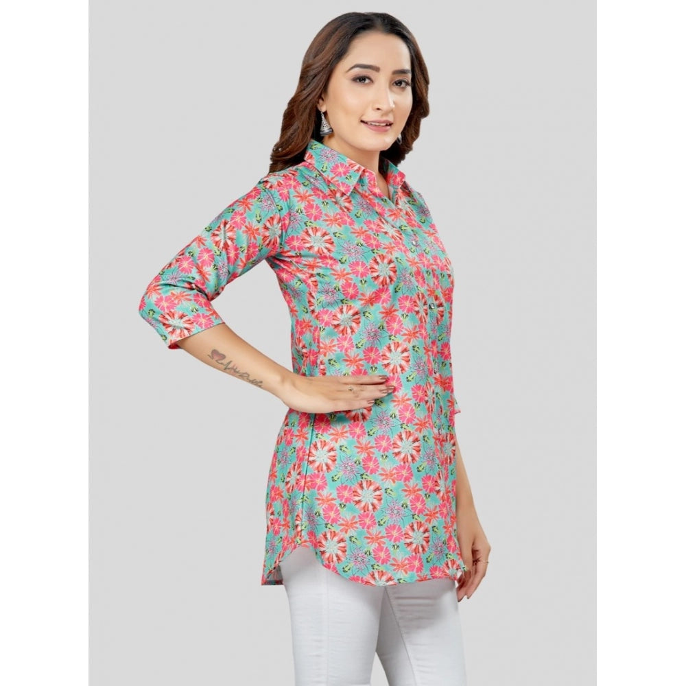 Generic Women's Cotton Blend Collared Neck 3/4 Sleeves Short Top (Teal Green)