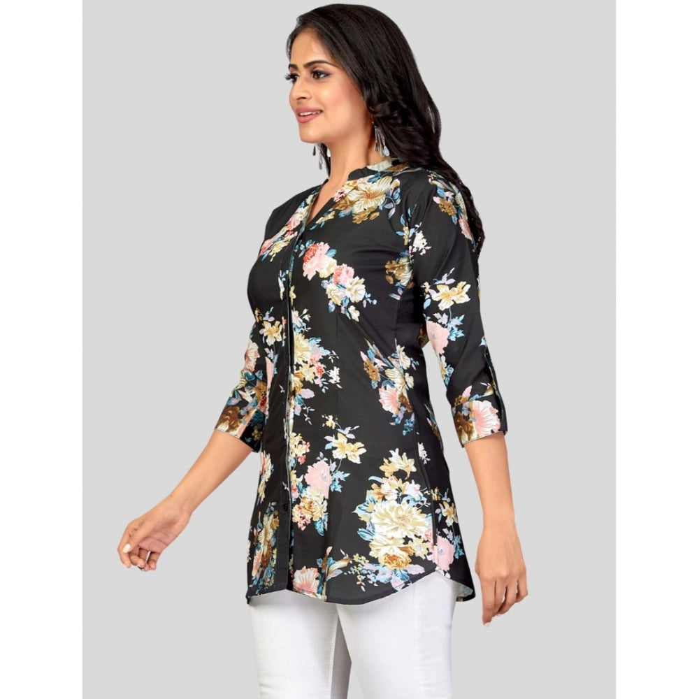 Generic Women's Poly Crepe Mandarin Collar 3/4 Sleeves Short Top (Black)