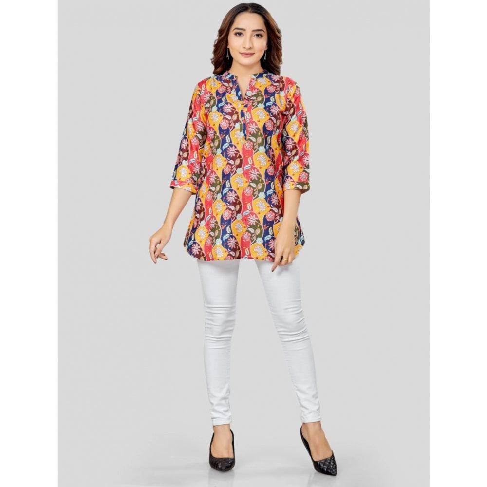 Generic Women's Cotton Blend Mandarin Collar 3/4 Sleeves Short Top (Multicolor)