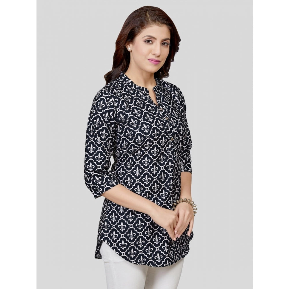 Generic Women's Poly Crepe Mandarin Collar 3/4 Sleeves Short Top (Black)