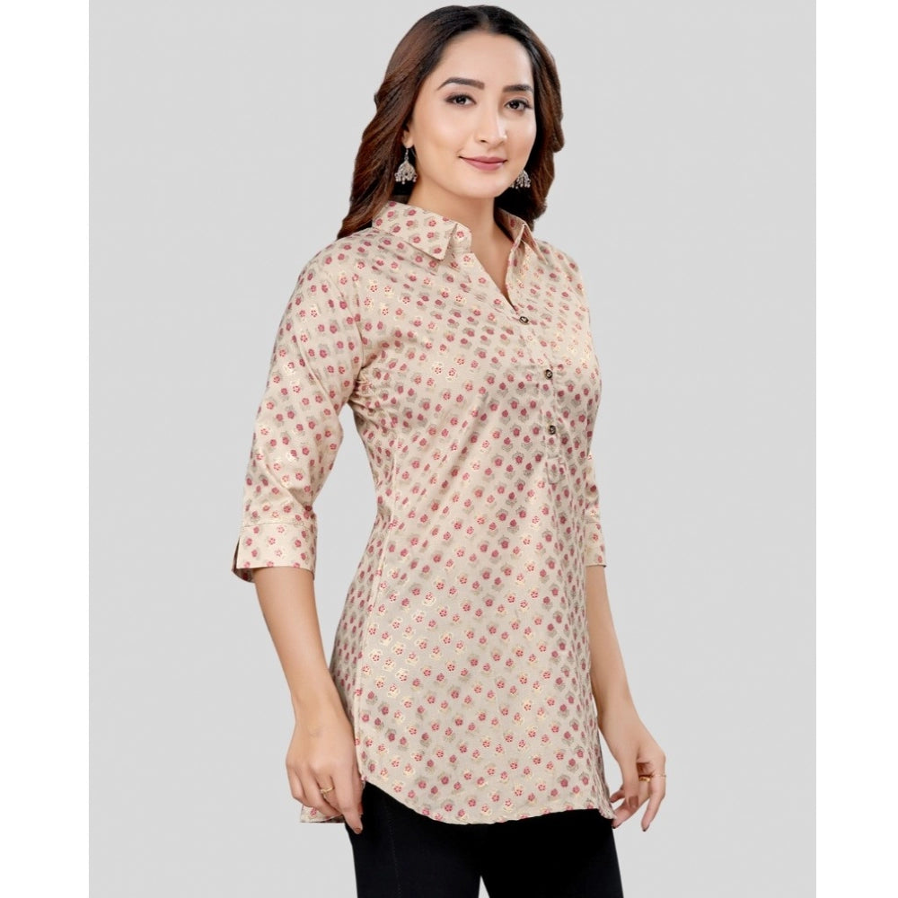 Generic Women's Cotton Blend Collared Neck 3/4 Sleeves Short Top (Cream-Red)