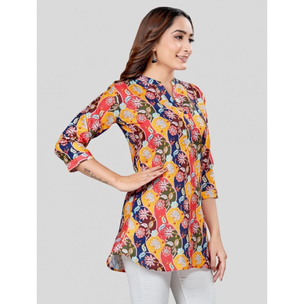 Generic Women's Cotton Blend Mandarin Collar 3/4 Sleeves Short Top (Multicolor)