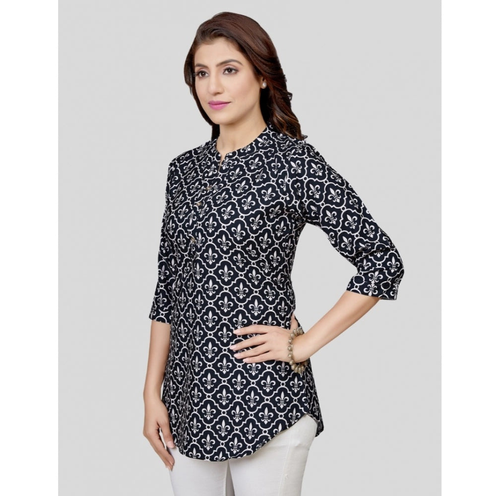 Generic Women's Poly Crepe Mandarin Collar 3/4 Sleeves Short Top (Black)