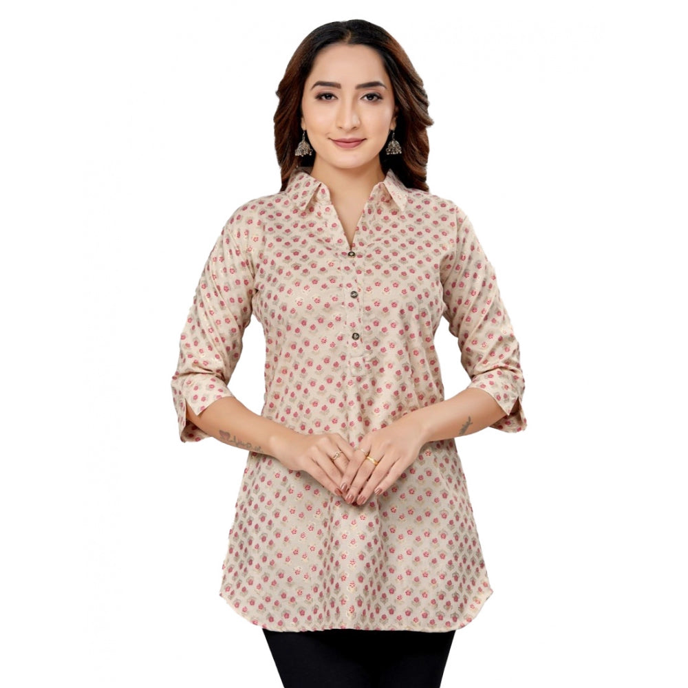 Generic Women's Cotton Blend Collared Neck 3/4 Sleeves Short Top (Cream-Red)