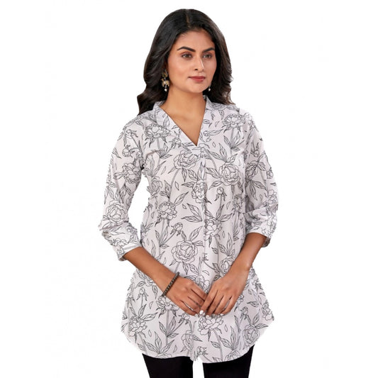 Generic Women's Poly Crepe Chinese Collar 3/4 Sleeves Short Top (Black-White)