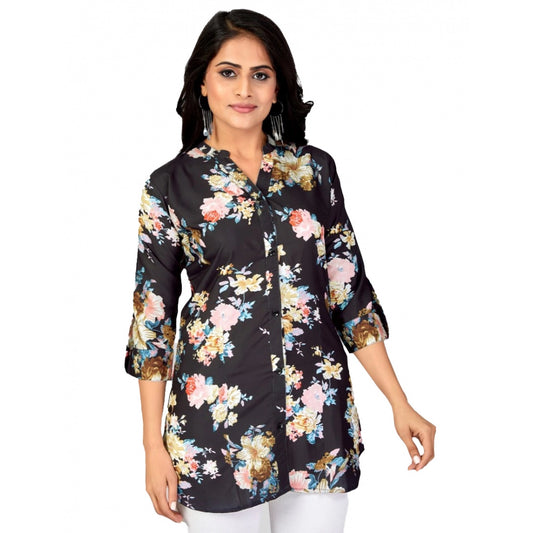 Generic Women's Poly Crepe Mandarin Collar 3/4 Sleeves Short Top (Black)