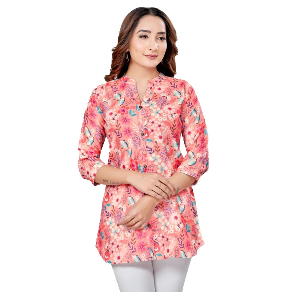 Generic Women's Cotton Blend Mandarin Collar 3/4 Sleeves Short Top (Pink)