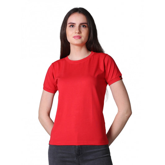 Generic Women's Cotton Blended Solid Round Neck Half Sleeve T-Shirt (Red)