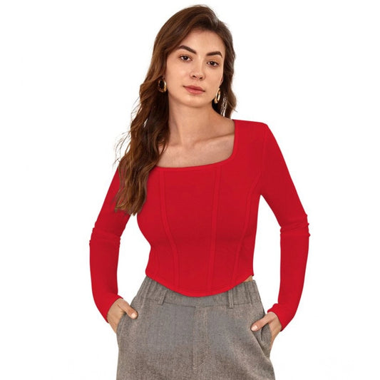 Generic Women's Polyester Solid Full Sleeves Square Neck Top (Red)