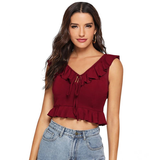 Generic Women's Polyester Solid Sleeveless Ruffle Neck Top (Maroon)