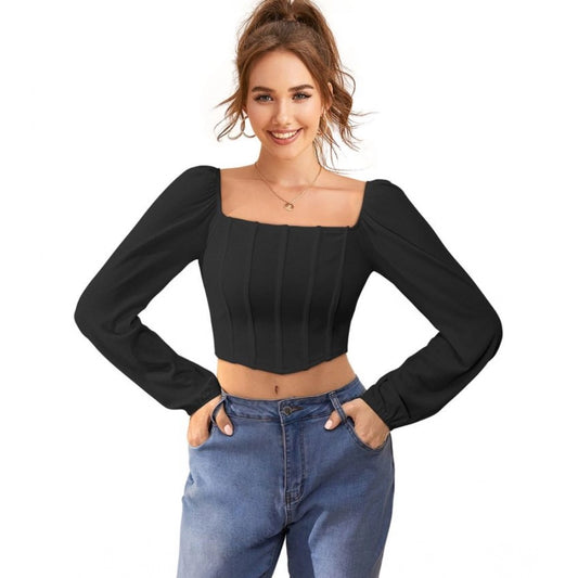 Generic Women's Polyester Solid Long Sleeves Square Neck Top (Black)