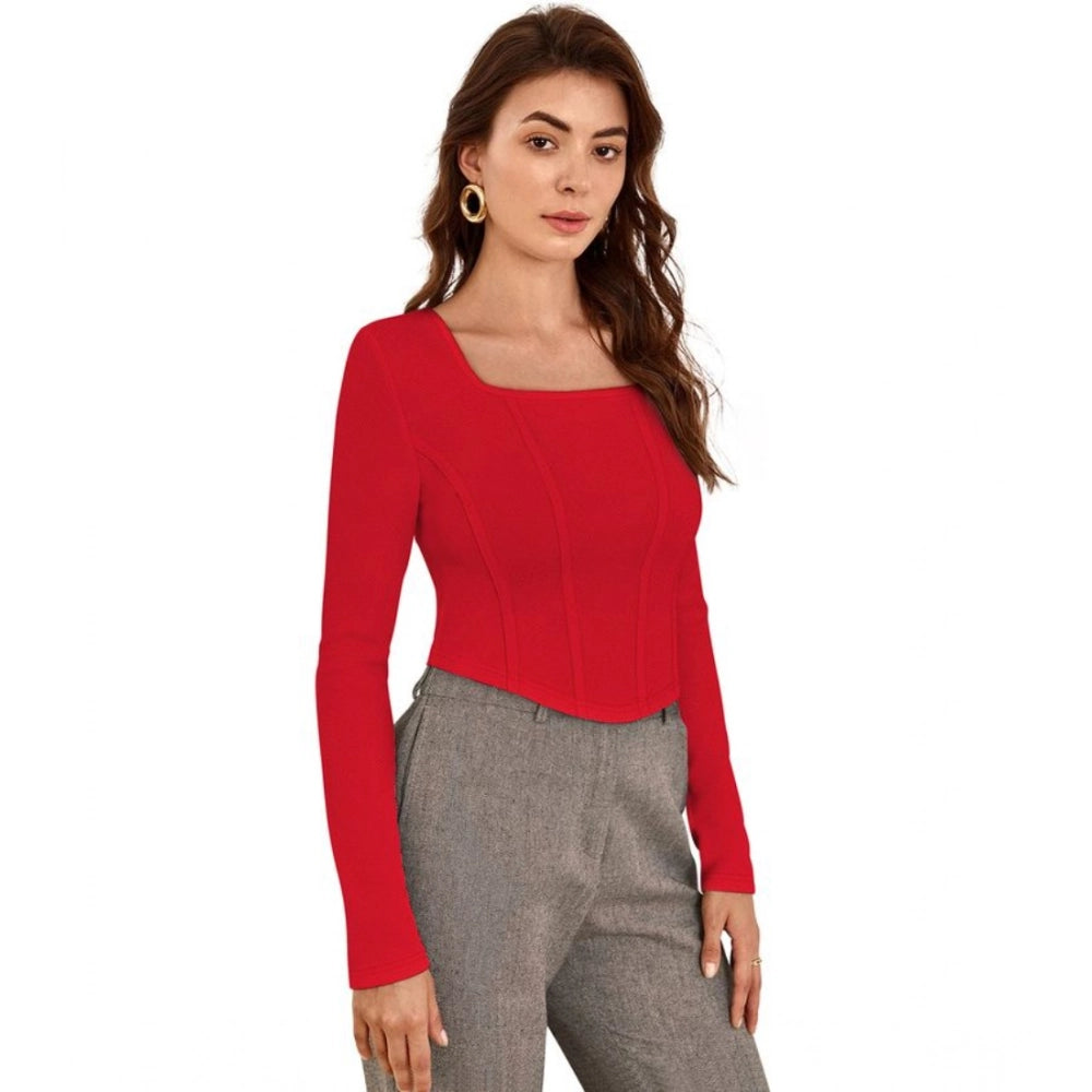 Generic Women's Polyester Solid Full Sleeves Square Neck Top (Red)