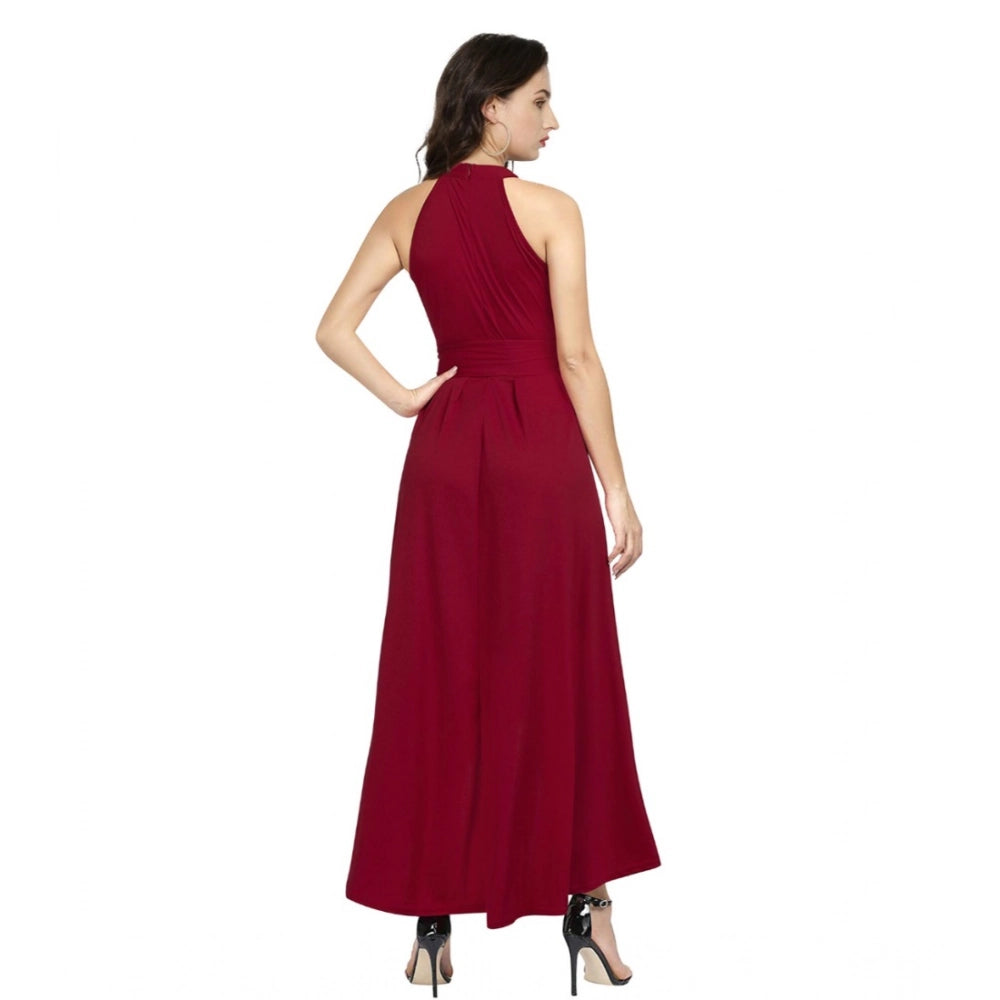 Generic Women's Polyster Solid Halter Neck Sleeveless Dress (Maroon)
