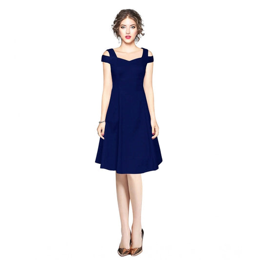 Generic Women's Polyester Solid V Neck Cap Sleeve off Shoulder Dress (Blue)