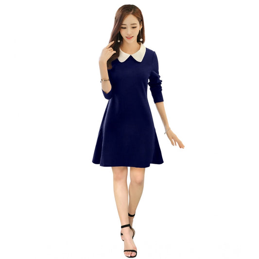 Generic Women's Polyester Solid Collar 3-4th Dress (Blue)