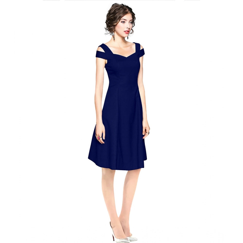 Generic Women's Polyester Solid V Neck Cap Sleeve off Shoulder Dress (Blue)