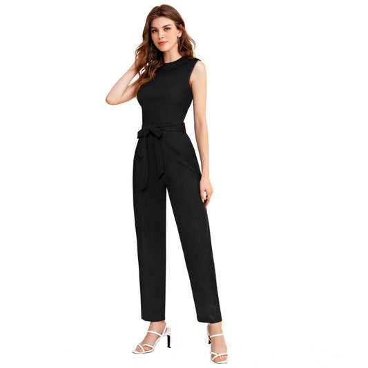 Generic Women's Knitting stretchable Solid Round Neck Sleeveless Jumpsuit (Black)