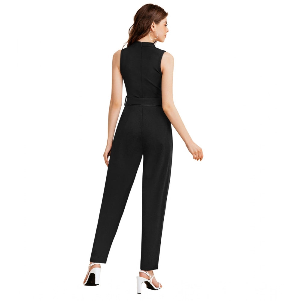 Generic Women's Knitting stretchable Solid Round Neck Sleeveless Jumpsuit (Black)