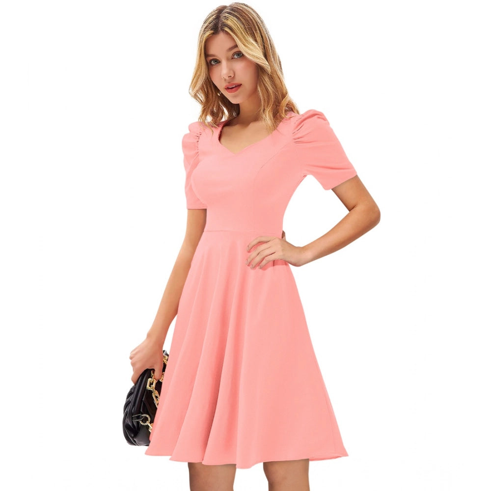 Generic Women's Knitting stretchable Solid V Neck Cap Sleeve Dress (Peach)