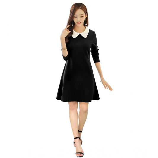 Generic Women's Polyester Solid Collar 3-4th Dress (Black)