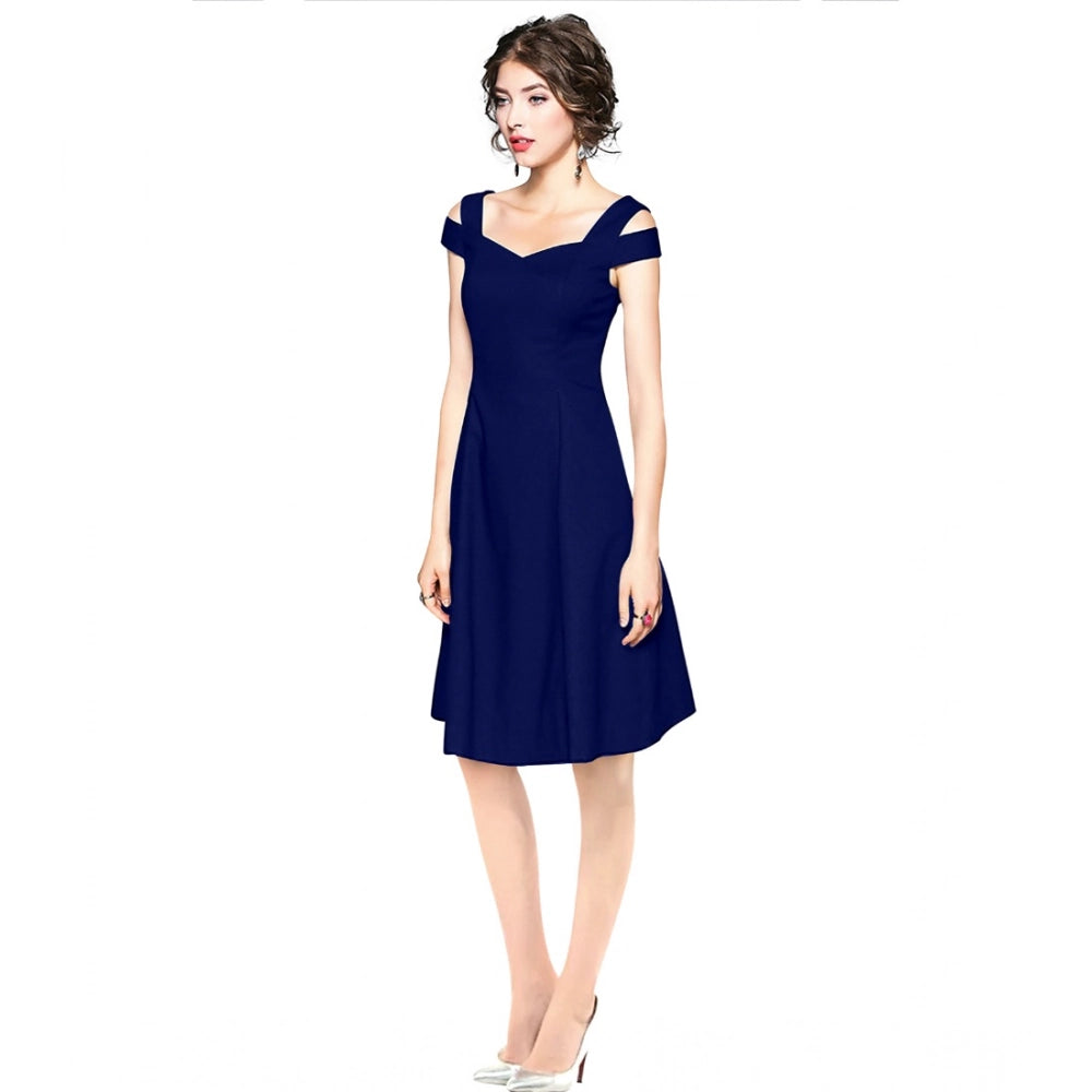 Generic Women's Polyester Solid V Neck Cap Sleeve off Shoulder Dress (Blue)