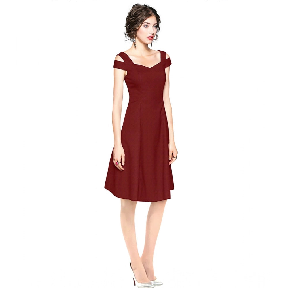 Generic Women's Polyester Solid V Neck Cap Sleeve off Shoulder Dress (Maroon)