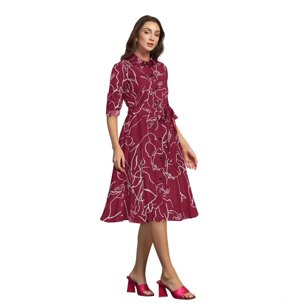 Generic Women's Ruby Cotton Printed Shirt Collar 3-4th Sleeve Dress (Maroon)