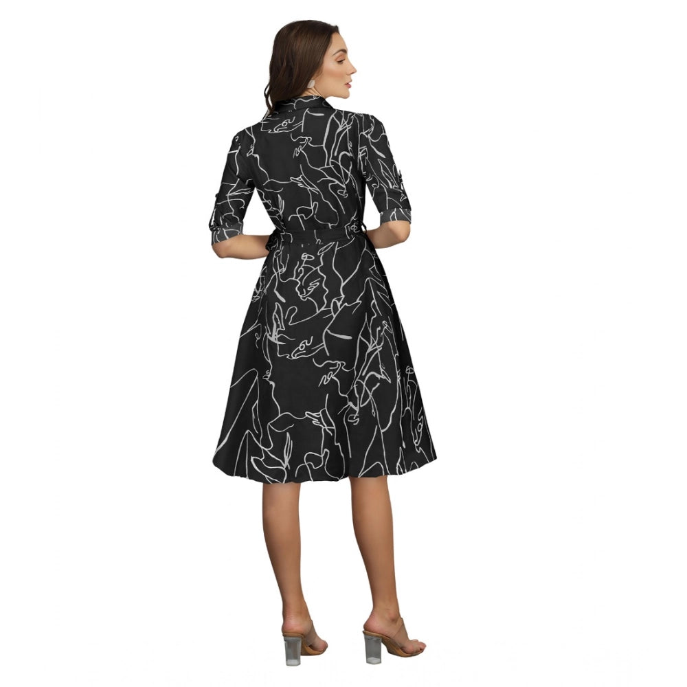 Generic Women's Ruby Cotton Printed Shirt Collar 3-4th Sleeve Dress (Black)