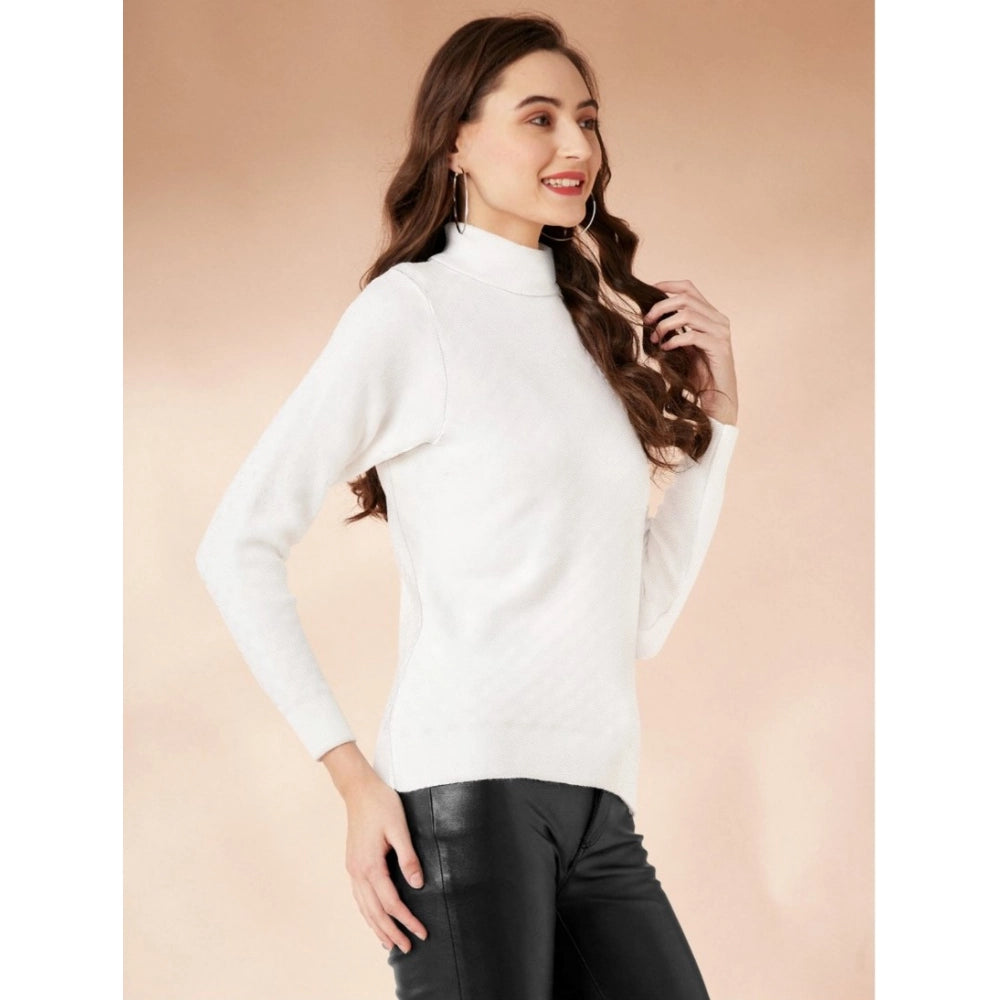 Generic Women's Polyester Solid High Neck Full Sleeve T-Shirt (White)