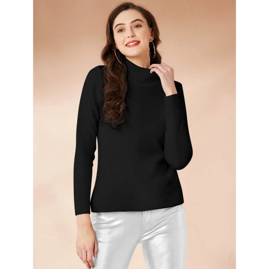 Generic Women's Polyester Solid High Neck Full Sleeve T-Shirt (Black)