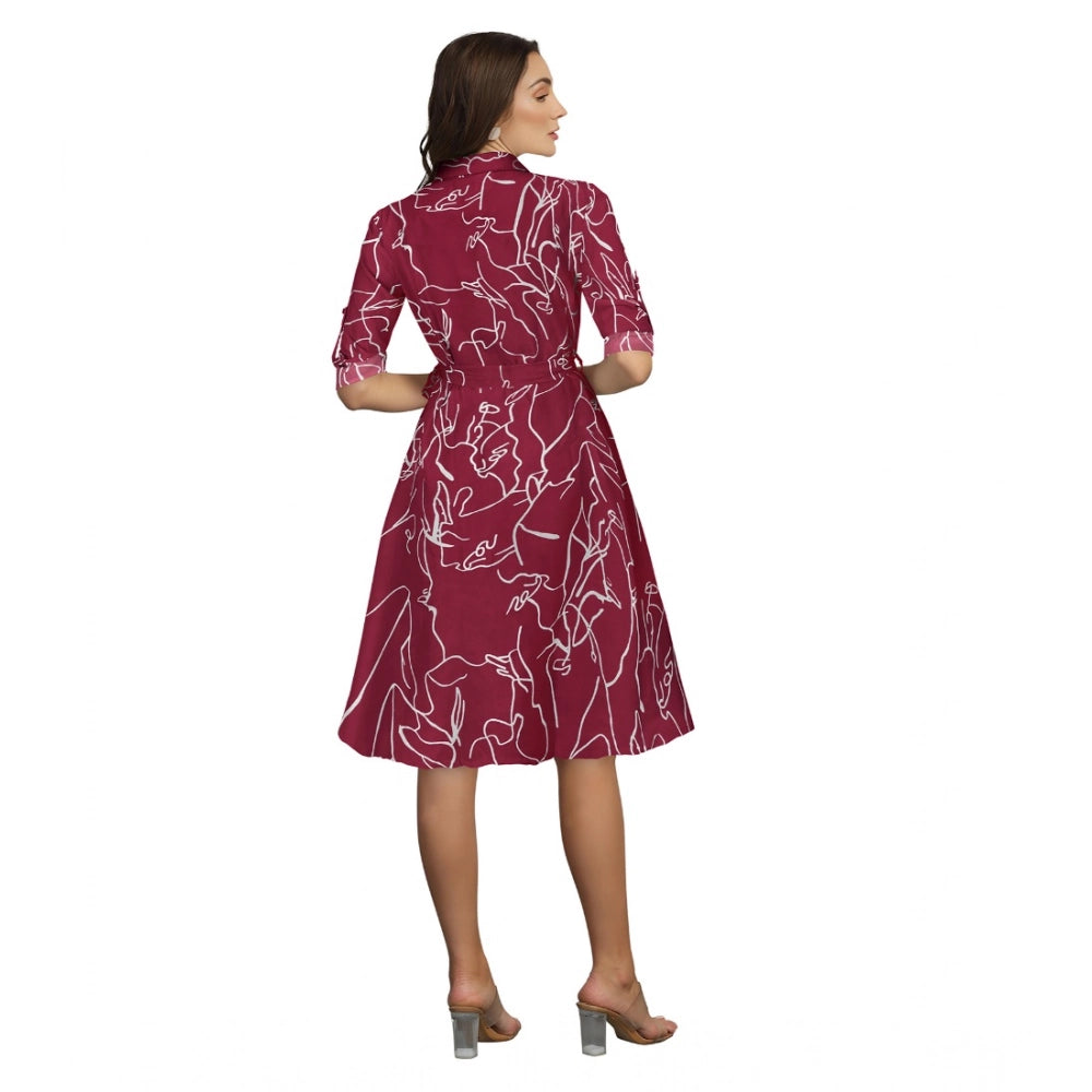 Generic Women's Ruby Cotton Printed Shirt Collar 3-4th Sleeve Dress (Maroon)