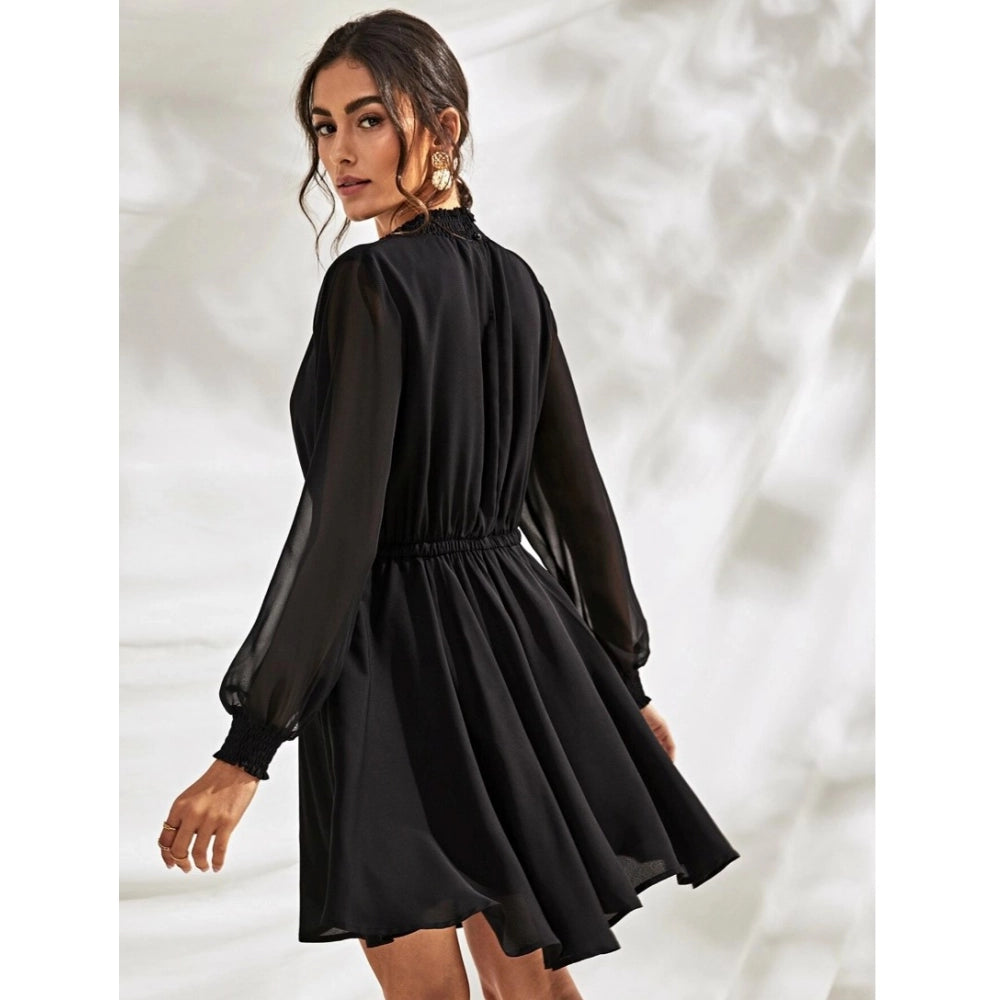 Generic Women's Fox Georgette Solid High Neck Full Sleeve Dress (Black)