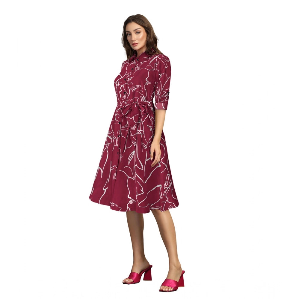 Generic Women's Ruby Cotton Printed Shirt Collar 3-4th Sleeve Dress (Maroon)