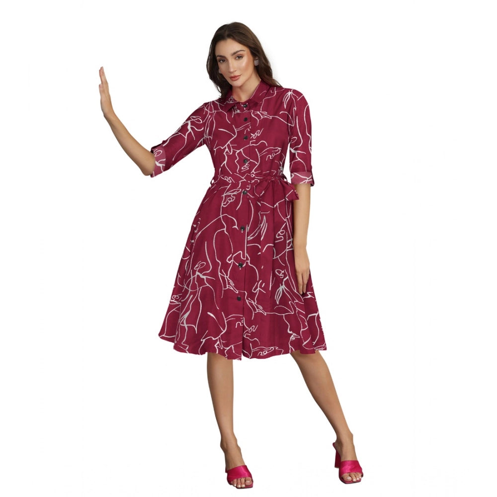 Generic Women's Ruby Cotton Printed Shirt Collar 3-4th Sleeve Dress (Maroon)