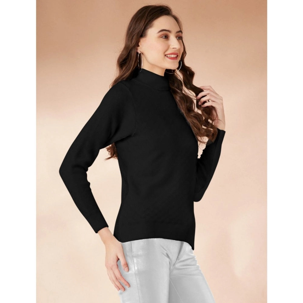 Generic Women's Polyester Solid High Neck Full Sleeve T-Shirt (Black)