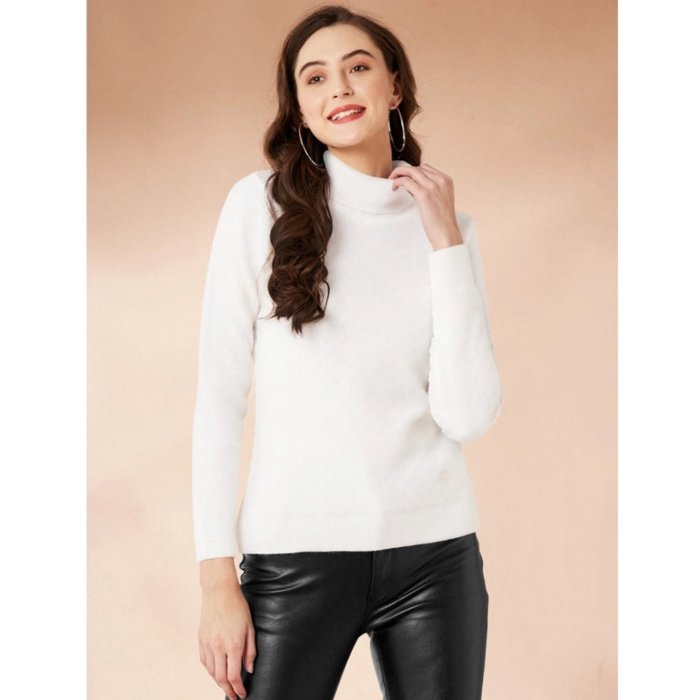 Generic Women's Polyester Solid High Neck Full Sleeve T-Shirt (White)