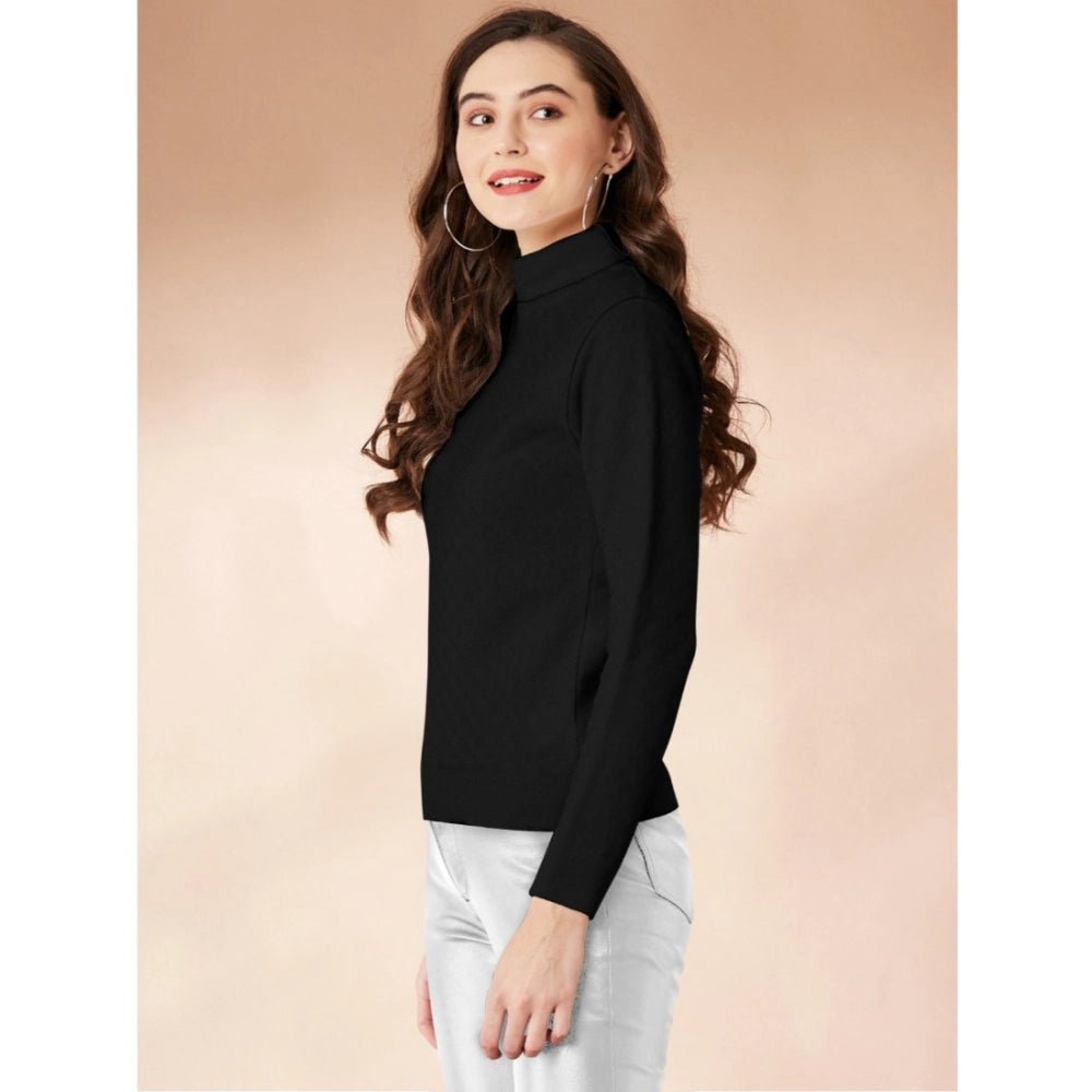 Generic Women's Polyester Solid High Neck Full Sleeve T-Shirt (Black)