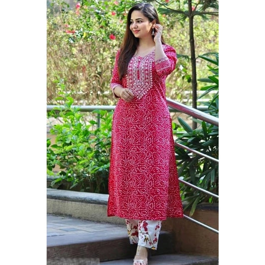 Generic Women's Cotton Printed 3-4th Sleeve Ankle Length Kurti with Pant Set (Pink)