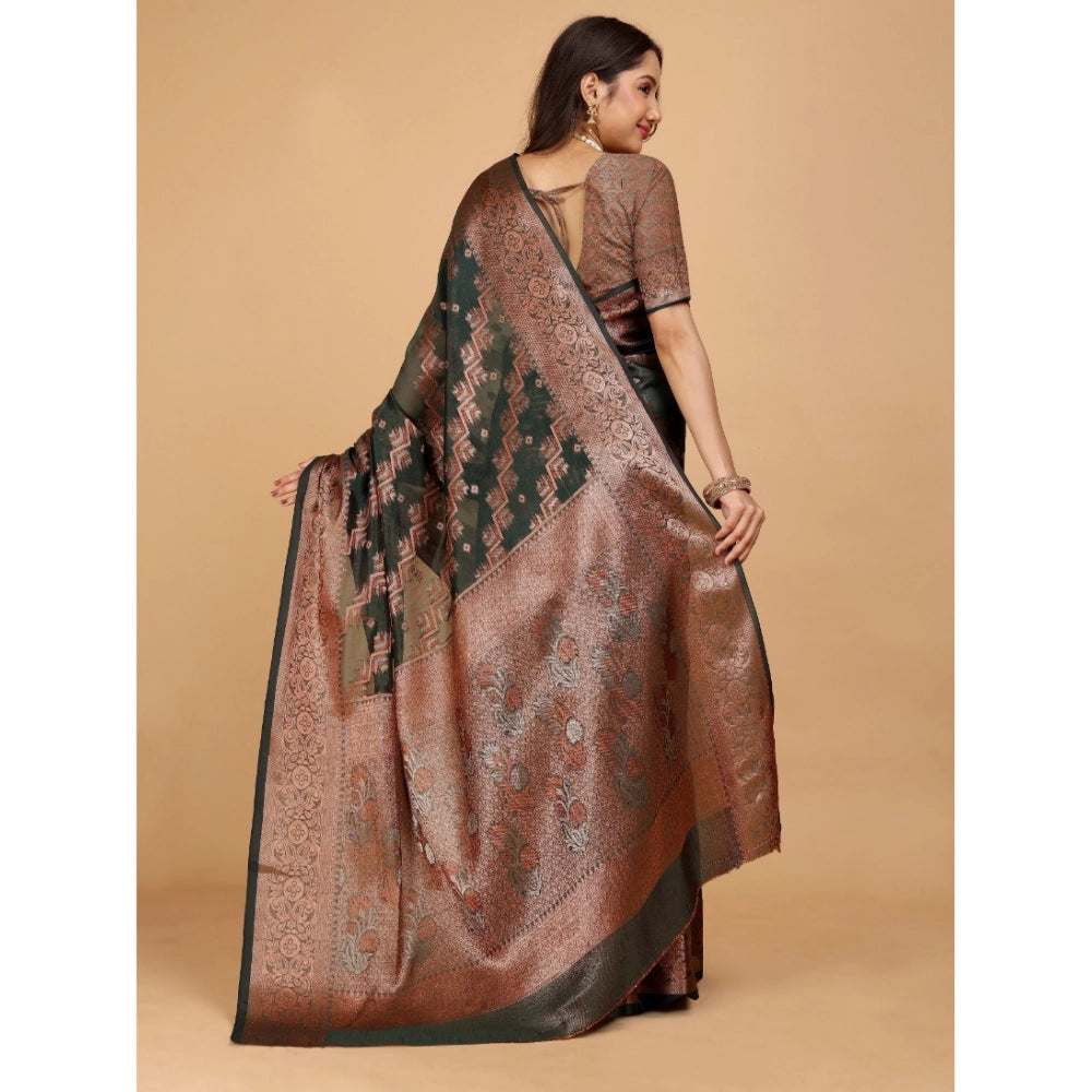 Generic Women's Organza Woven Saree With Unstitched Blouse (Dark Green, 5.5Mtrs)