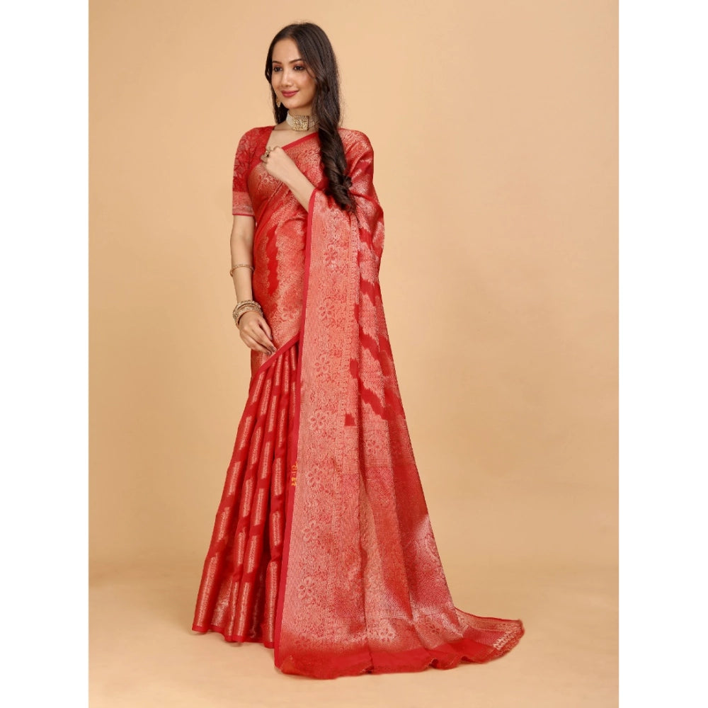 Generic Women's Organza Woven Saree With Unstitched Blouse (Red, 5.5Mtrs)