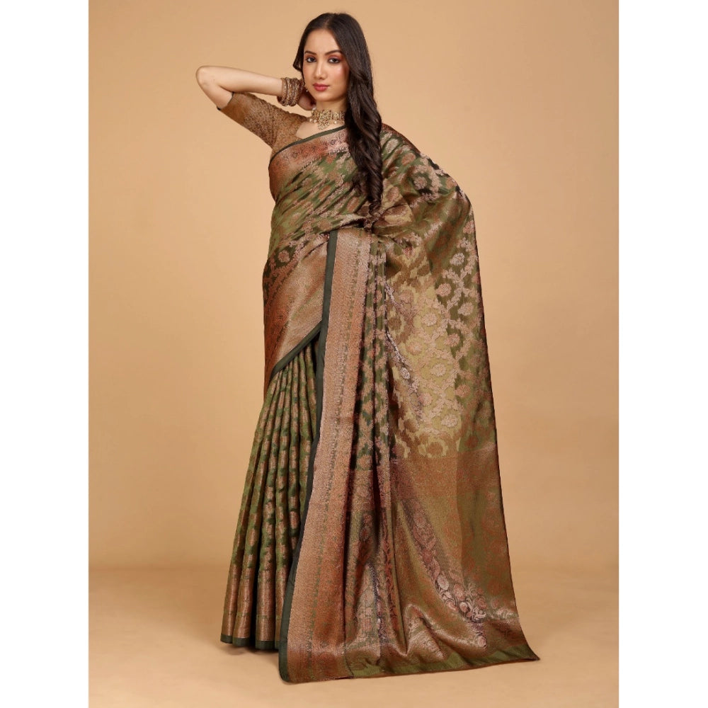 Generic Women's Organza Woven Saree With Unstitched Blouse (Brown, 5.5Mtrs)