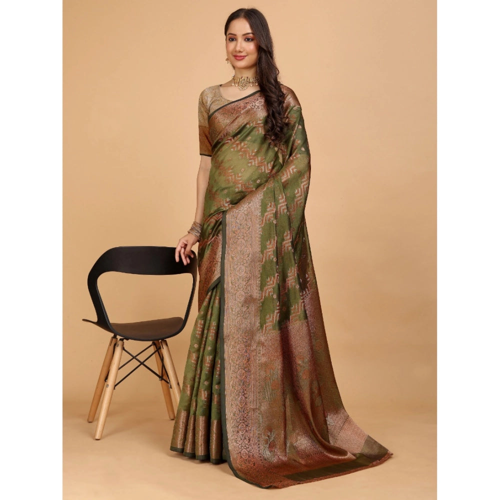 Generic Women's Organza Woven Saree With Unstitched Blouse (Light Green-Gold, 5.5Mtrs)